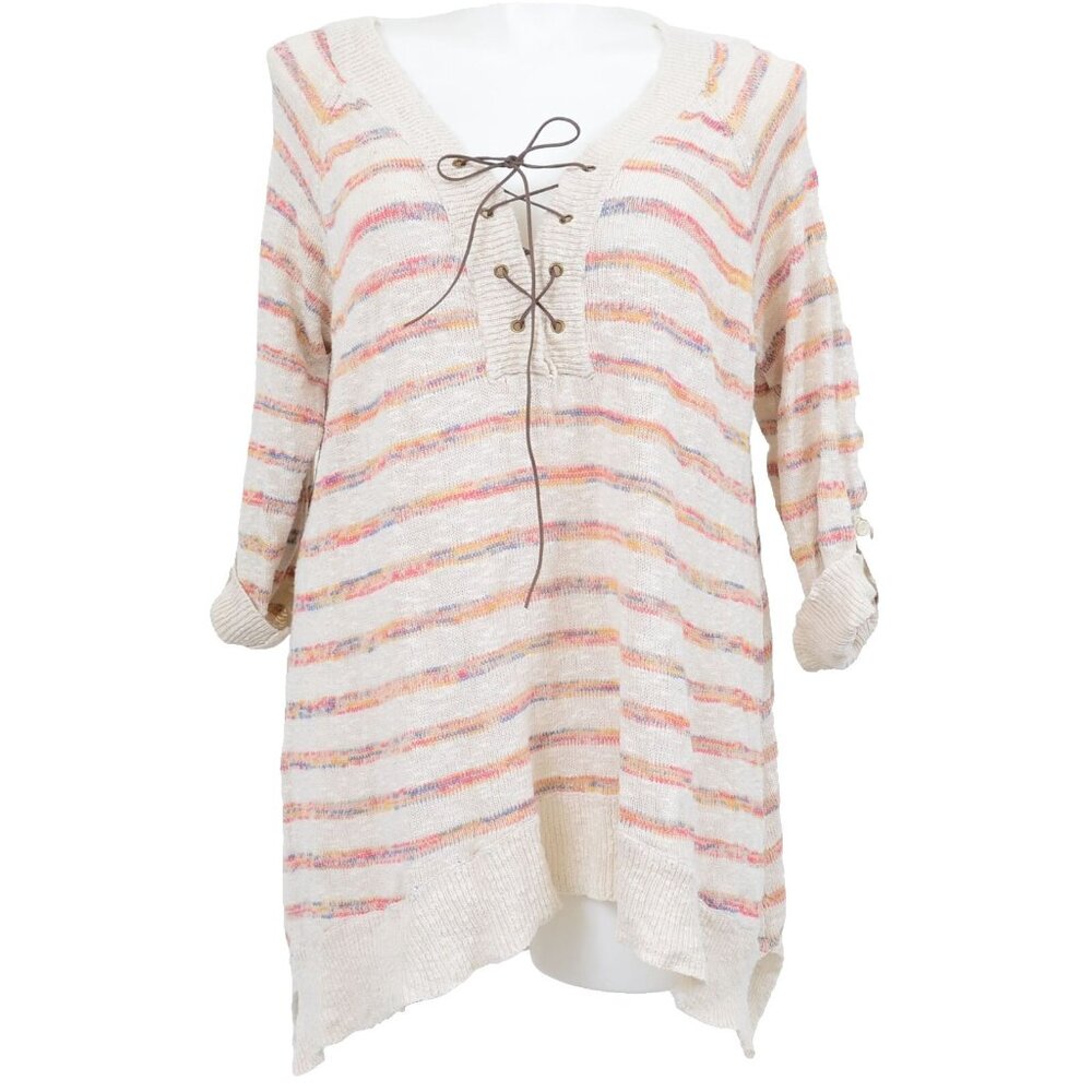 Y2K American Rag Cie Women's 1X Colorful Roll Tab Corset Tie Knit Sweater Tunic